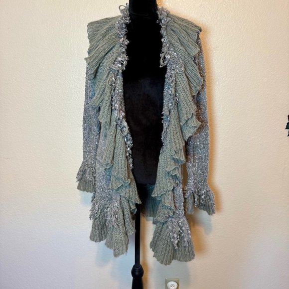 Sioni Studio Ruffle Fairycore Long Cardigan Duster Sweater Gray Size Large - Picture 14 of 14